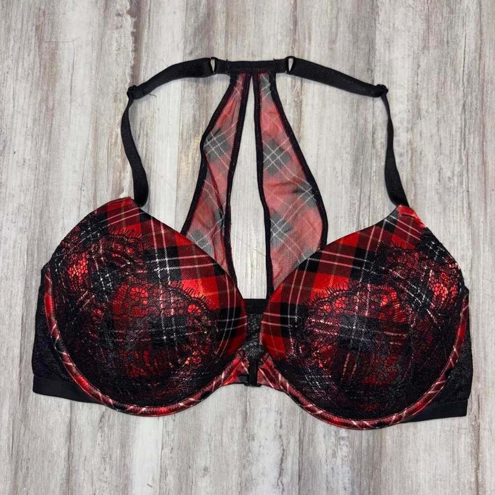 Victoria's Secret Very Sexy Push-Up Bra Red Black Plaid Lace 34D
